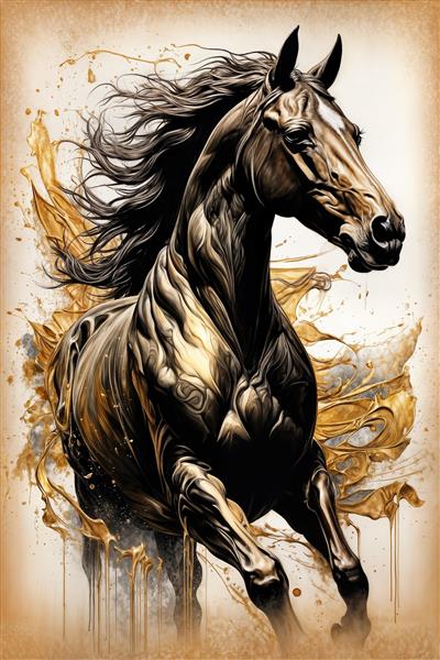 تصویر اسب سیاه و طلایی فانتزی با یال بلند و مواج