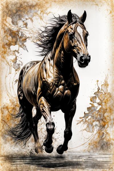 عکس اسب قهوه‌ای فانتزی در حال دویدن با کیفیت بالا