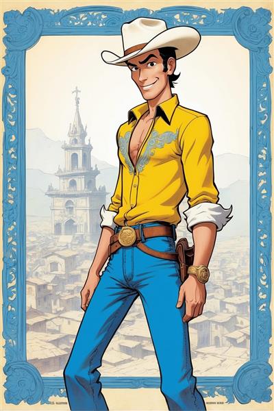 طرح لوک خوش شانس کارتونی با نمای شهر قدیمی و کلاه سفید