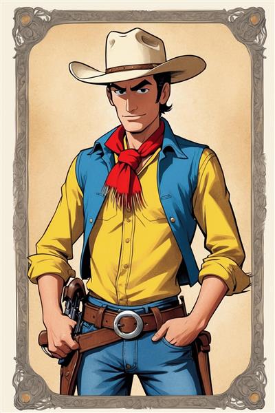 طرح لوک خوش شانس کارتونی با جلیقه آبی و کلاه سفید