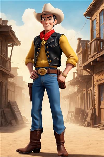 تصویر کاراکتر لوک خوش شانس کارتونی در خیابان شهر وسترن