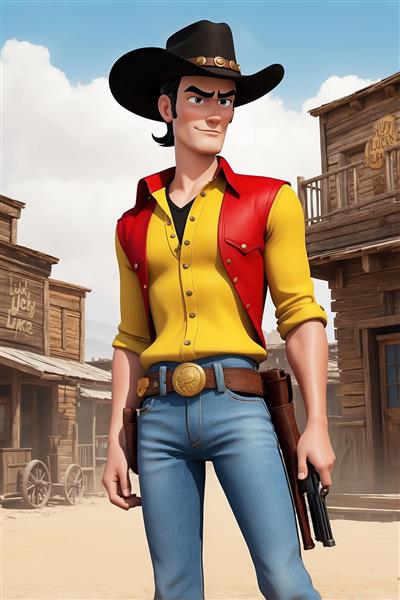 طرح لوک خوش شانس سه بعدی در شهر با لباس قرمز