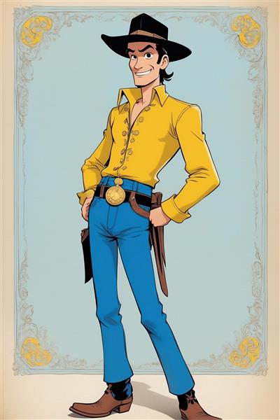 عکس لوک خوش شانس کارتونی با پیراهن زرد و قاب تزئینی