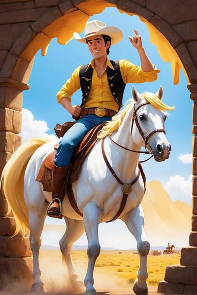 تصویر لوک خوش شانس کارتونی سوار بر اسب زیر طاق سنگی