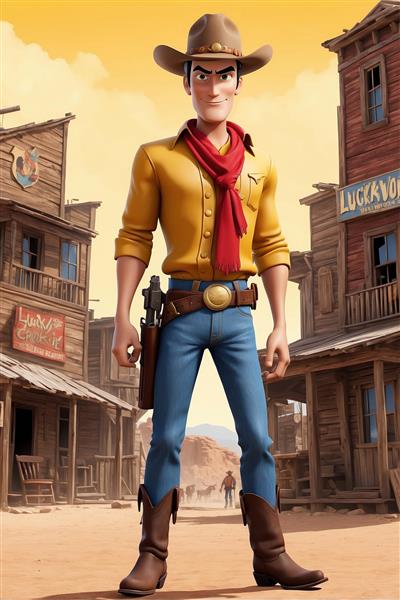 عکس لوک خوش شانس کارتونی در شهر وسترن با کیفیت