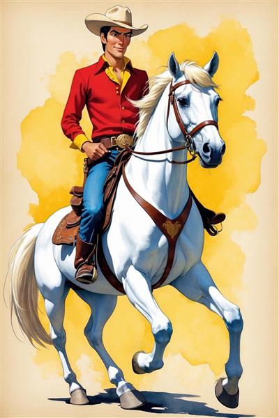 طرح لوک خوش شانس کارتونی روی اسب سفید در حال دویدن