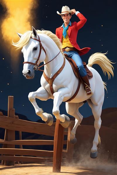 عکس لوک خوش شانس کارتونی سوار بر اسب سفید پرشی