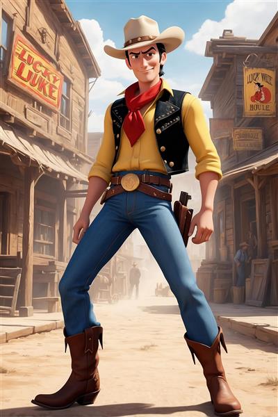 عکس لوک خوش شانس کارتونی ایستاده در شهر غربی قدیمی