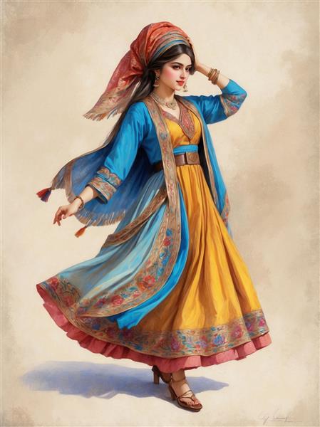 طرح زن با لباس سنتی زرد و جلیقه آبی فانتزی