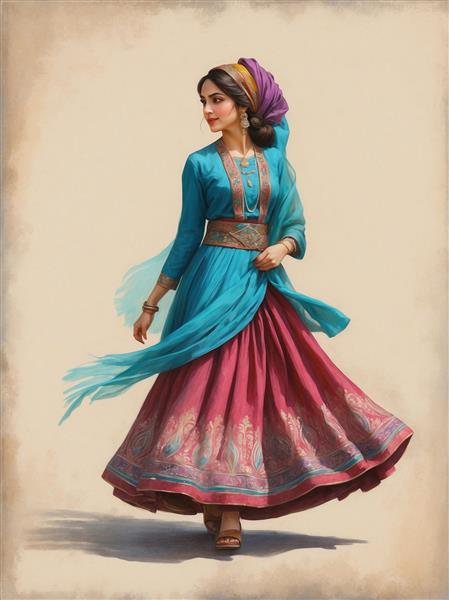 عکس زن با لباس سنتی فانتزی در حال حرکت