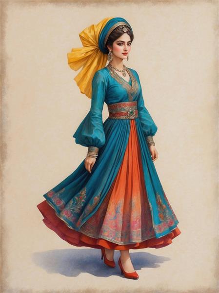 تصویر زن با لباس سنتی آبی تیره و نارنجی زیبا