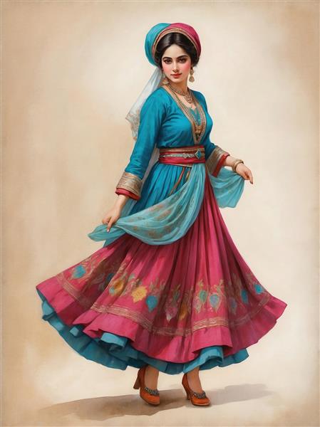 طرح زن با لباس سنتی فیروزه‌ای و دامن زرشکی