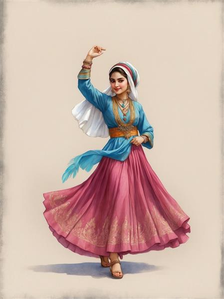 عکس فانتزی رقص زن با لباس سنتی آبی و ارغوانی