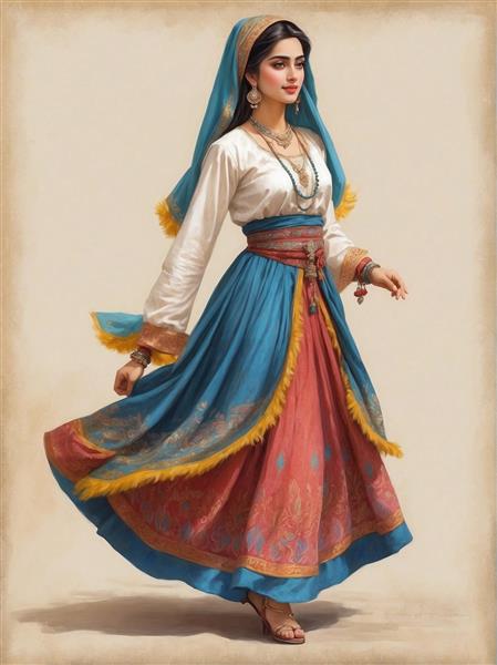 تصویر زن با لباس سنتی سفید و دامن قرمز فانتزی