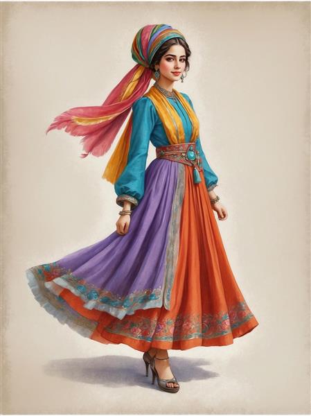 طرح زن با لباس سنتی رنگارنگ و سربند بلند