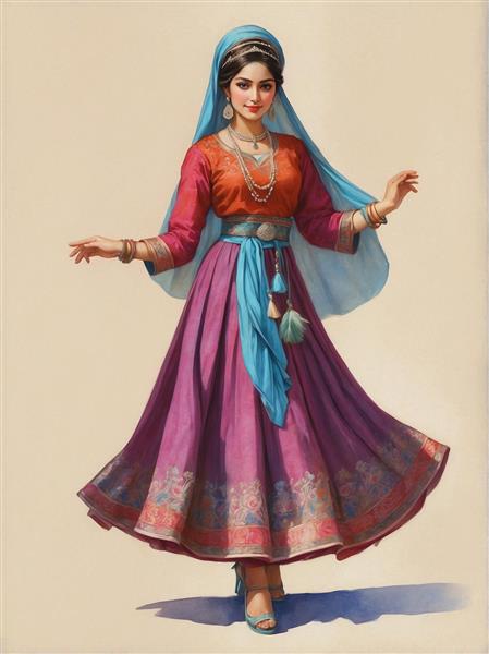 عکس زن با لباس سنتی ارغوانی و شال فیروزه‌ای