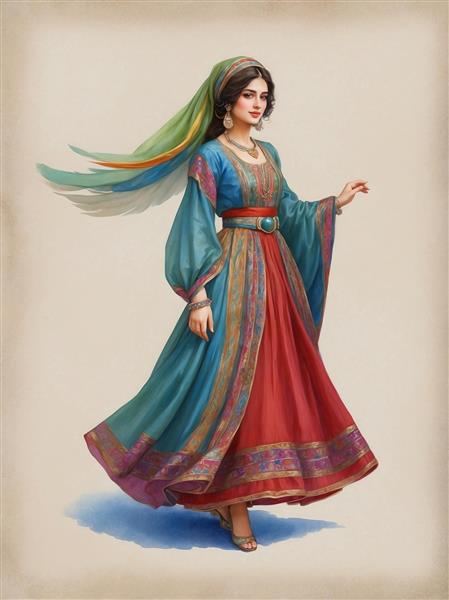 طرح زن با لباس سنتی قرمز و فیروزه‌ای فانتزی