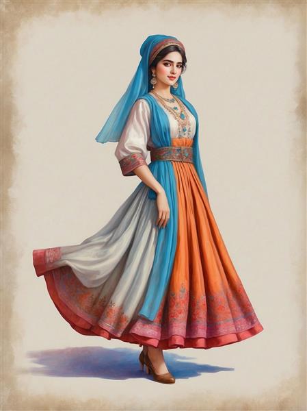 تصویر زن با لباس سنتی نارنجی و جلیقه آبی