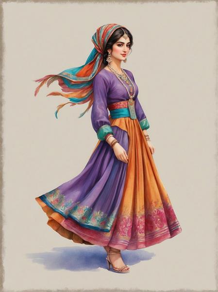 عکس زن با لباس سنتی بنفش و نارنجی باکیفیت