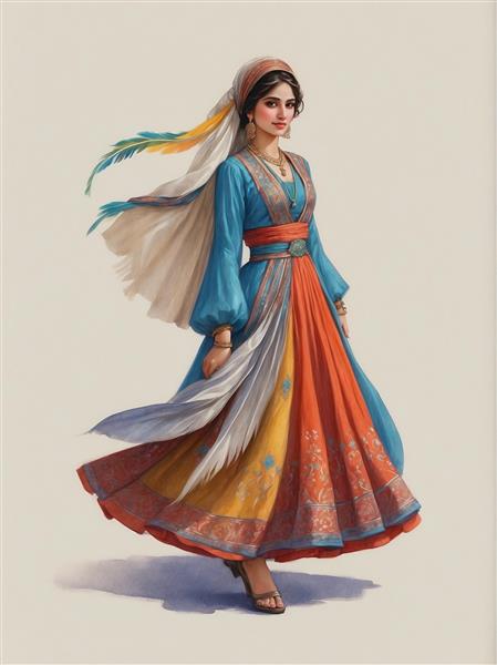 طرح زن با لباس سنتی نارنجی و آبی فانتزی