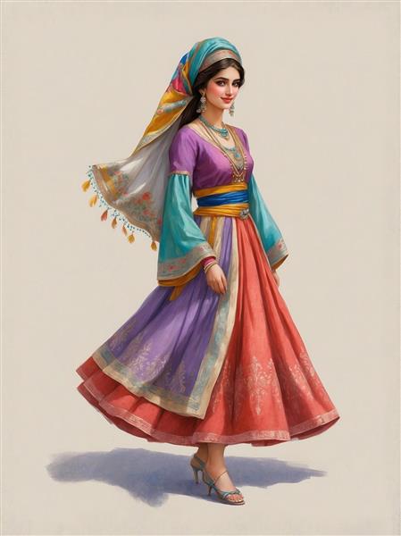 تصویر زن با لباس سنتی ارغوانی و شال زرد