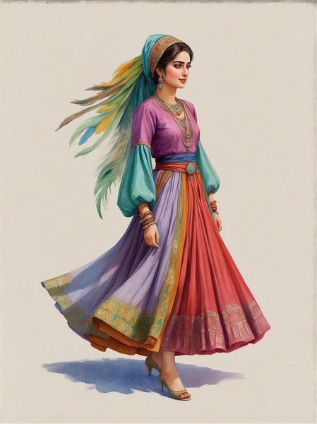 عکس زن با لباس سنتی رنگارنگ و شال بلند