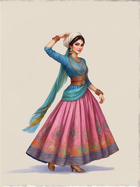 طرح زن با لباس سنتی صورتی و فیروزه‌ای فانتزی