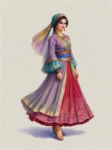 طرح وکتور زن با لباس محلی بلند و استایل شرقی