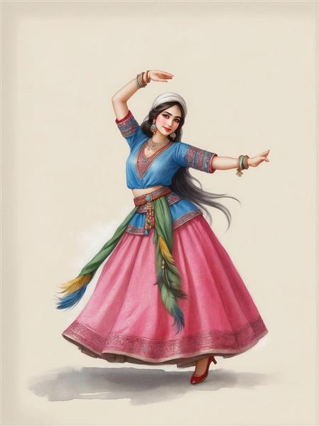 نقاشی دیجیتال زن در حال رقص سنتی با لباس صورتی