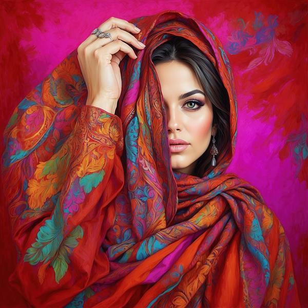 طرح فانتزی زن با پوشش حجاب قرمز و جواهرات شرقی