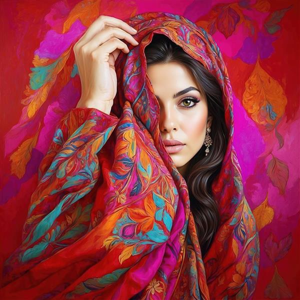عکس پرتره زن با شال طرح‌دار سنتی و تم رنگی سرخ