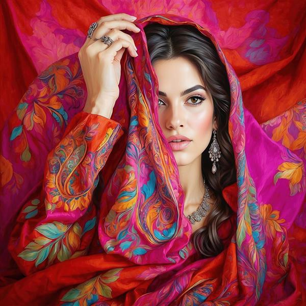 تصویر زن با لباس سنتی قرمز و شال گل‌دار فانتزی