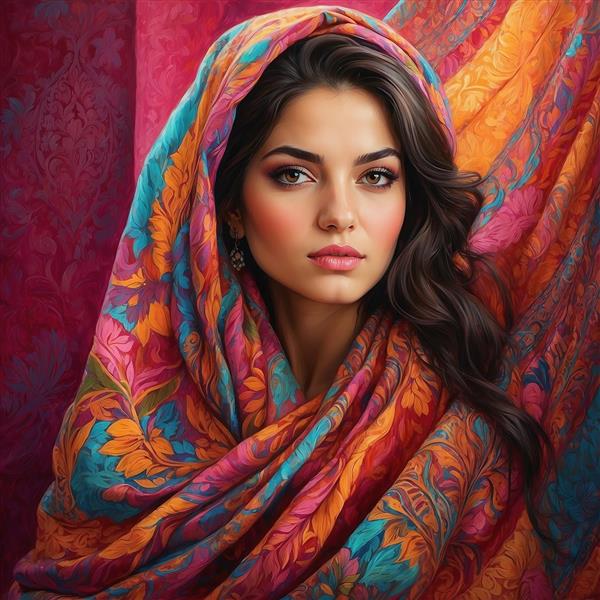 طرح زن شرقی با پوشش فانتزی رنگارنگ و پس‌زمینه زرشکی