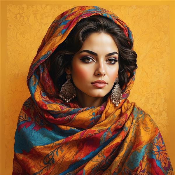 عکس چهره زن با شال سنتی نارنجی و گوشواره‌های بزرگ