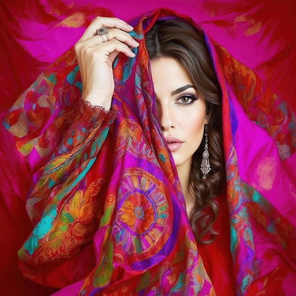 طرح فانتزی زن با پوشش سنتی صورتی و جواهرات نقره‌ای