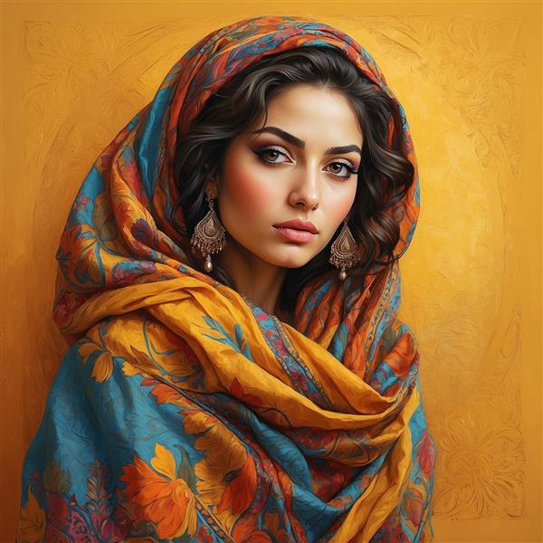 عکس پرتره زن با شال خردلی طرح اسلیمی و پس‌زمینه طلایی