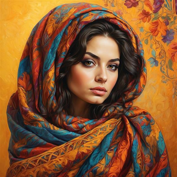 عکس زن با پوشش سنتی فانتزی و پس‌زمینه نارنجی روشن