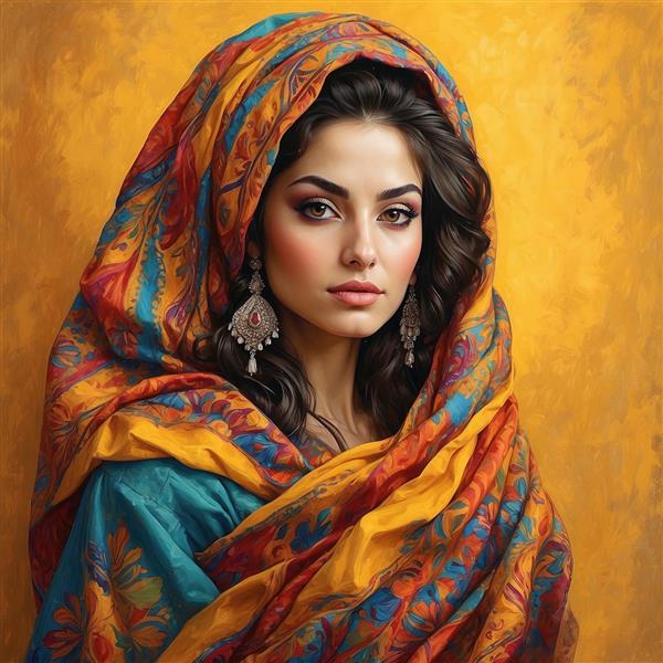 تصویر پرتره زن با شال نارنجی و گوشواره‌های نقره‌ای بزرگ