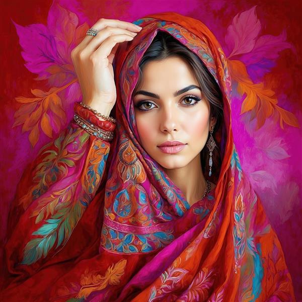 طرح زن با لباس سنتی قرمز و پس‌زمینه سرخ فام