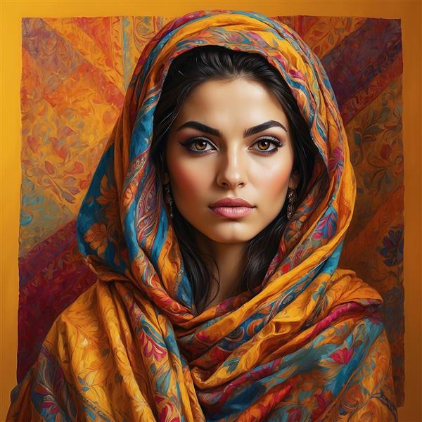 عکس چهره زن با پوشش سنتی و پس‌زمینه هندسی رنگی