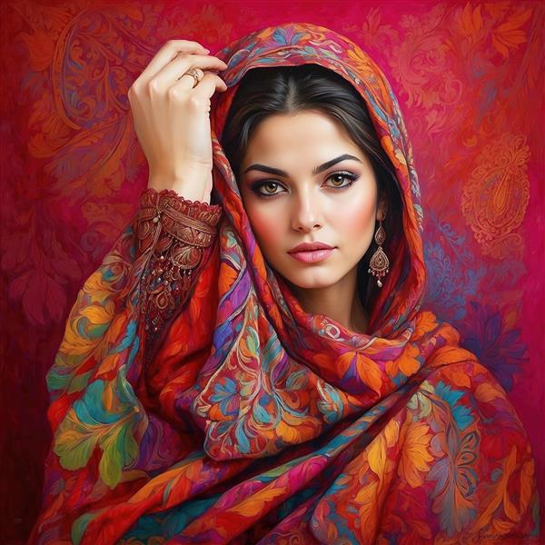 طرح فانتزی زن با لباس قرمز و شال گل‌دار رنگی