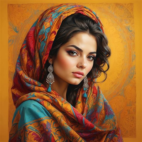 تصویر زن با استایل شرقی فانتزی و گوشواره‌های بزرگ آویز