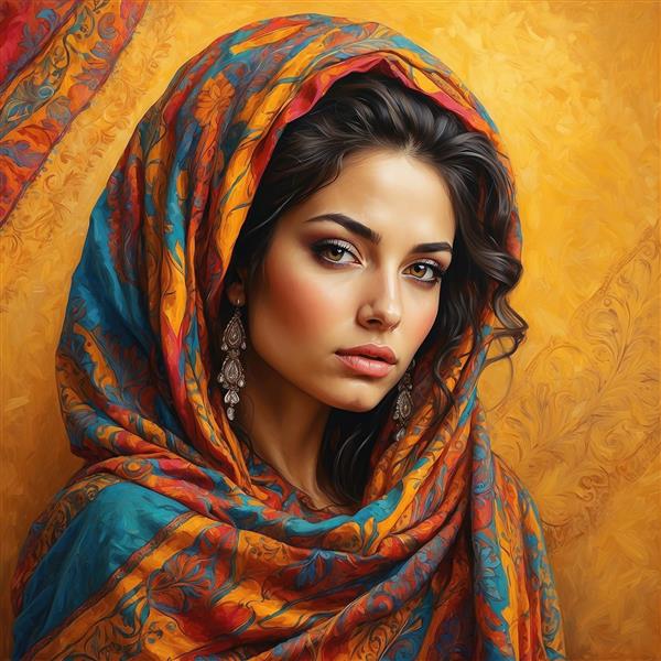 عکس پرتره زن با حجاب فانتزی و شال طرح‌دار سنتی