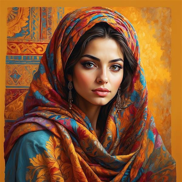 تصویر چهره زن با شال سنتی رنگارنگ و پس‌زمینه نارنجی