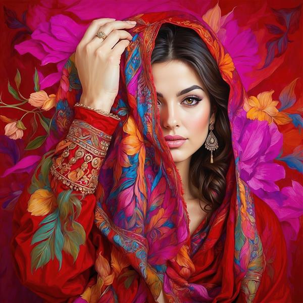 طرح زن شرقی فانتزی با لباس قرمز سنتی و گل