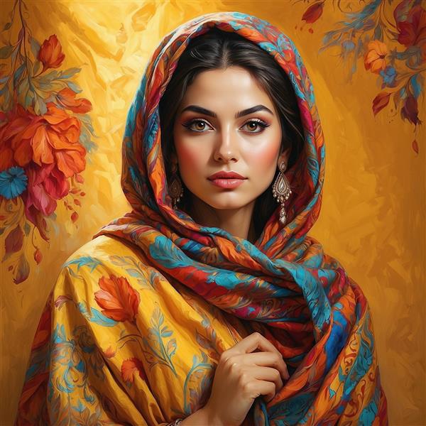 عکس زن با لباس و شال سنتی طرح گل ختایی