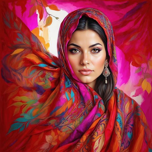 طرح فانتزی زن با شال صورتی و قرمز و طرح گل