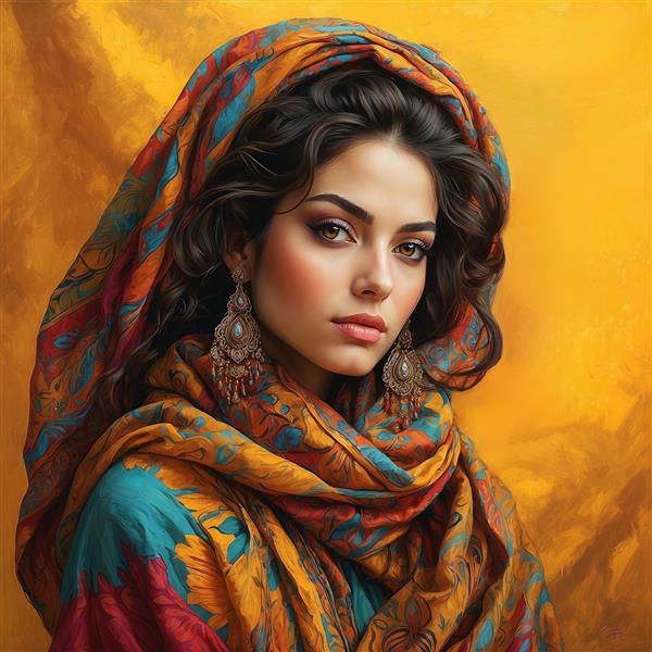 تصویر زن با شال طرح‌دار و گوشواره‌های سنتی آویز