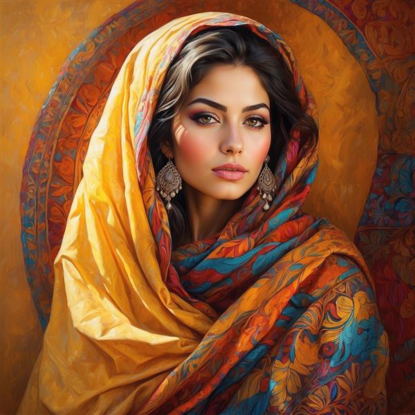 پرتره زن با شال زرد و نارنجی و گوشواره بزرگ