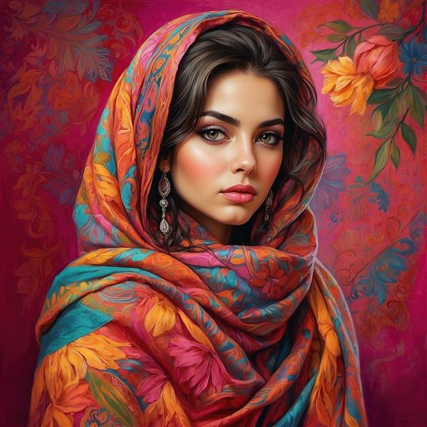 طرح نقاشی زن با شال گل‌دار و پس‌زمینه زرشکی